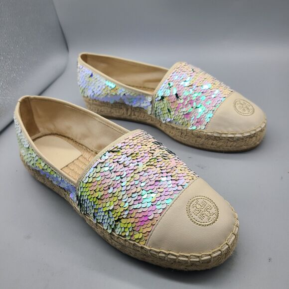 Tory Burch women flats sz 10 sequin espadrilles ivory green logo new - Picture 2 of 13